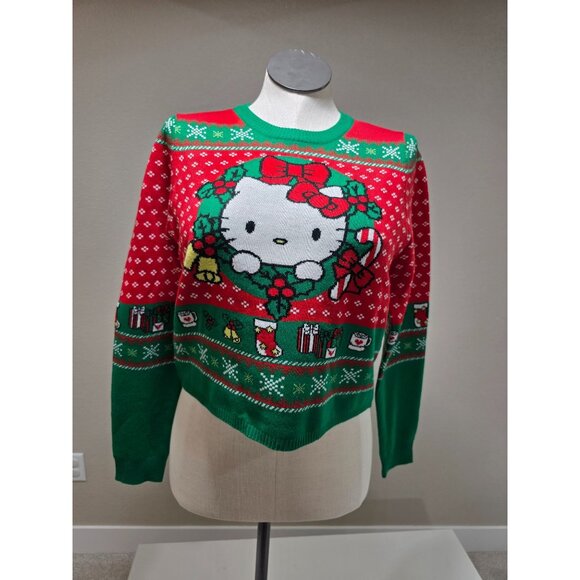 Hello Kitty Christmas Sweater Young Women’s Size L Red & Green Holiday Knit 100% - Picture 4 of 6